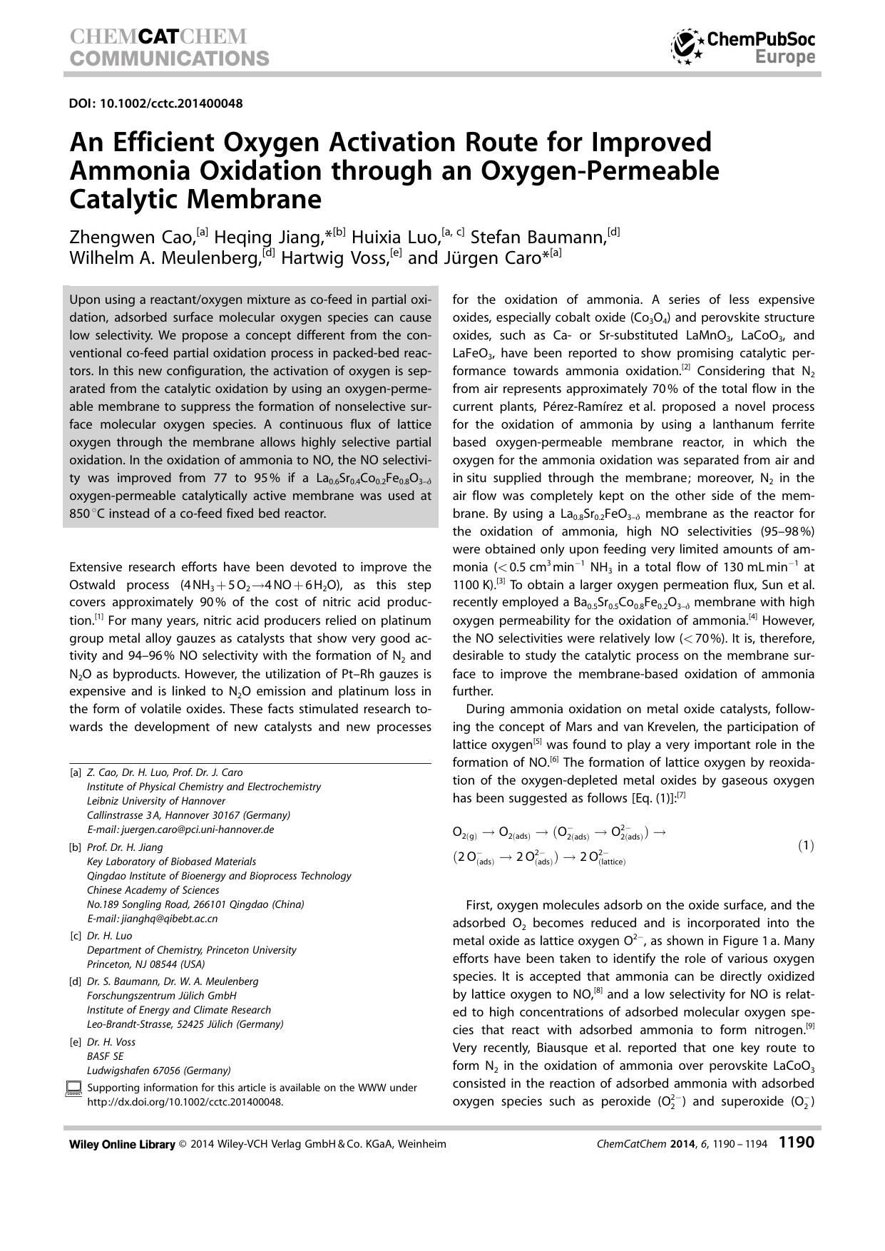 An Efficient Oxygen Activation Route for Improved Ammonia Oxidation through an OxygenPermeable Catalytic Membrane by Unknown