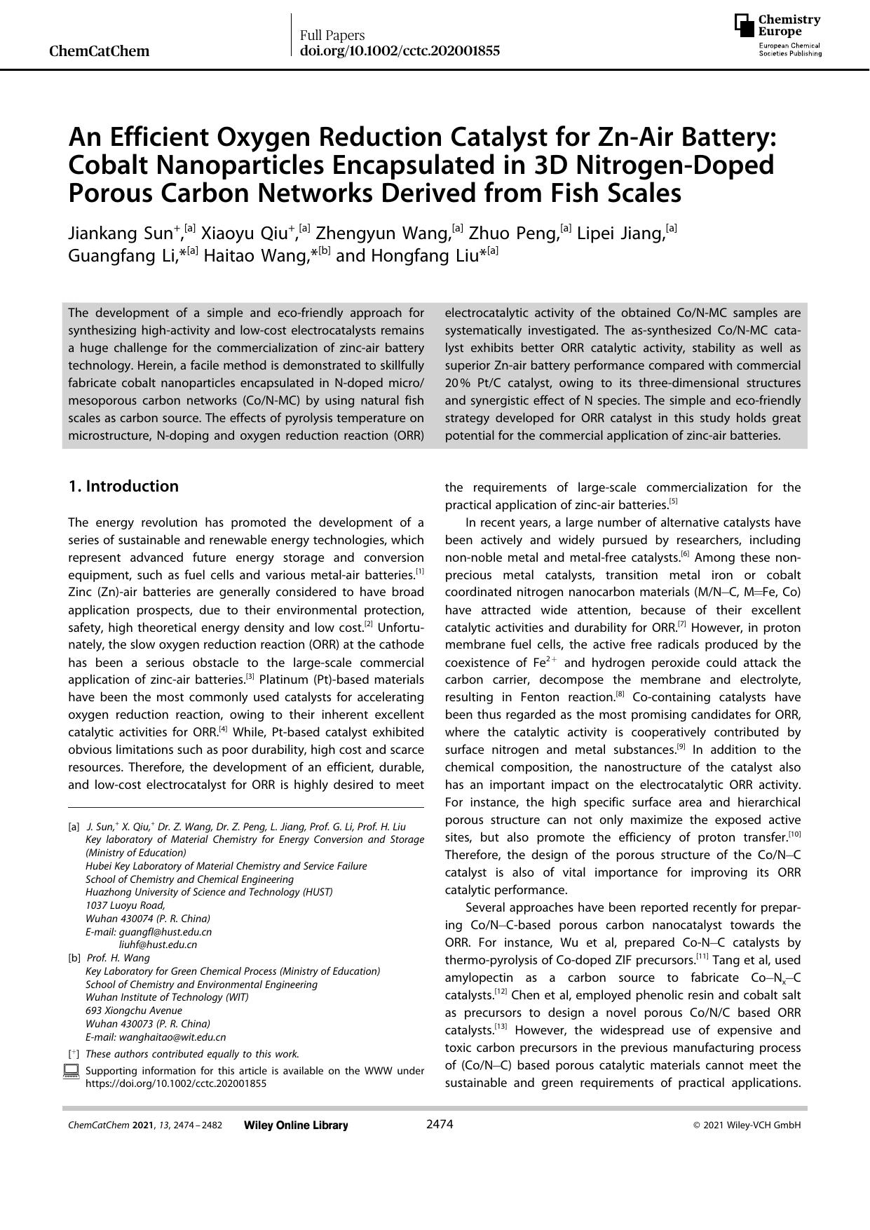 An Efficient Oxygen Reduction Catalyst for ZnâAir Battery: Cobalt Nanoparticles Encapsulated in 3D NitrogenâDoped Porous Carbon Networks Derived from Fish Scales by Unknown