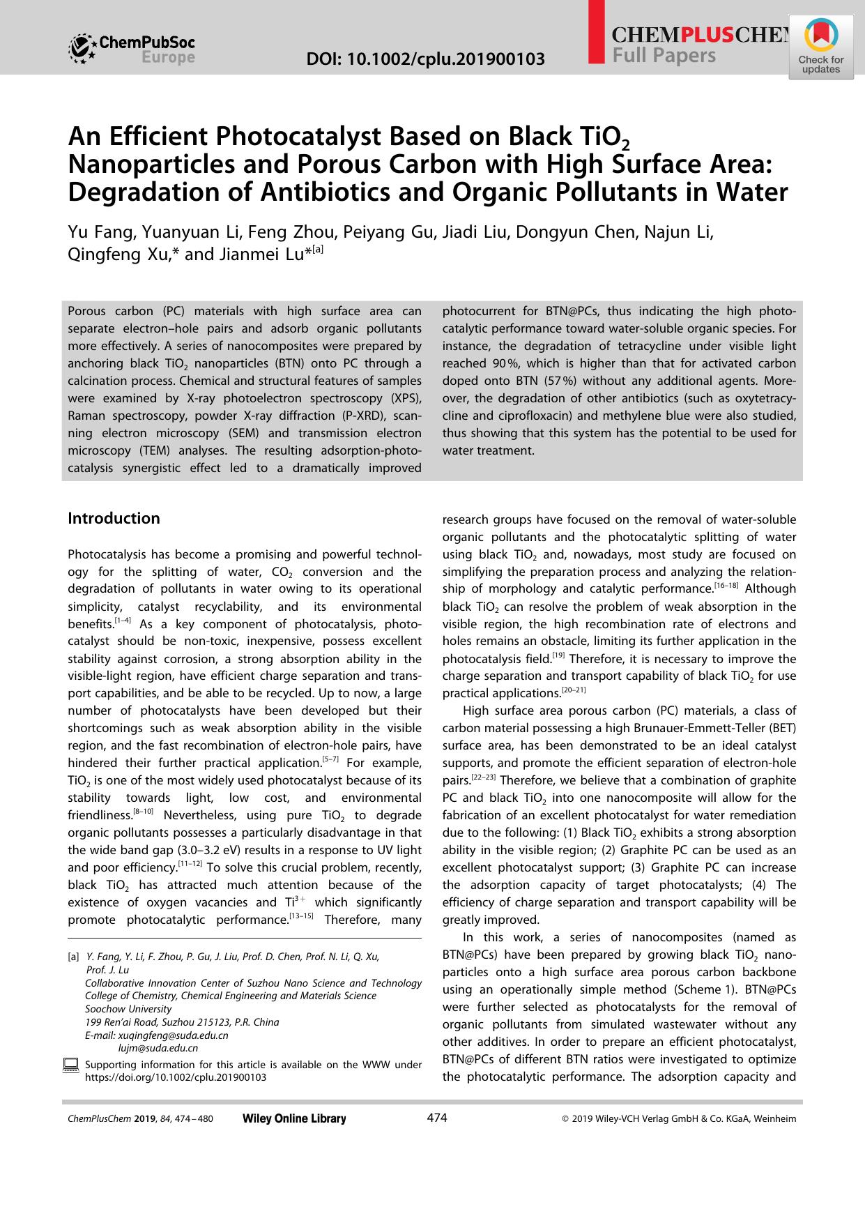 An Efficient Photocatalyst Based on Black TiO2 Nanoparticles and Porous Carbon with High Surface Area: Degradation of Antibiotics and Organic Pollutants in Water by Unknown