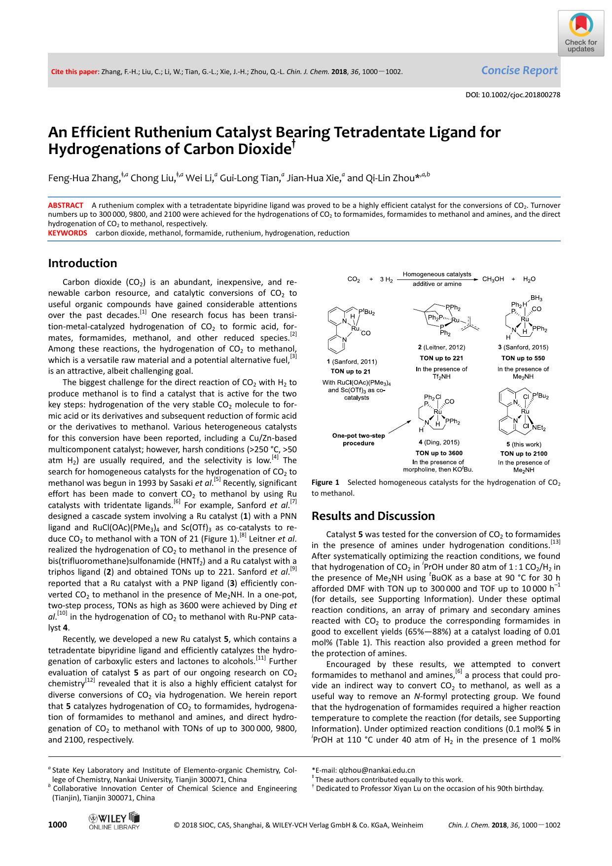 An Efficient Ruthenium Catalyst Bearing Tetradentate Ligand for Hydrogenations of Carbon Dioxide by Unknown