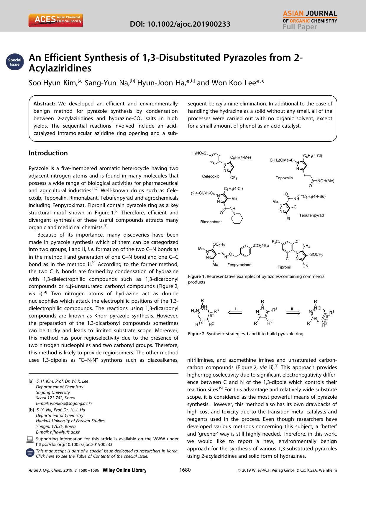 An Efficient Synthesis of 1,3âDisubstituted Pyrazoles from 2âAcylaziridines by Unknown