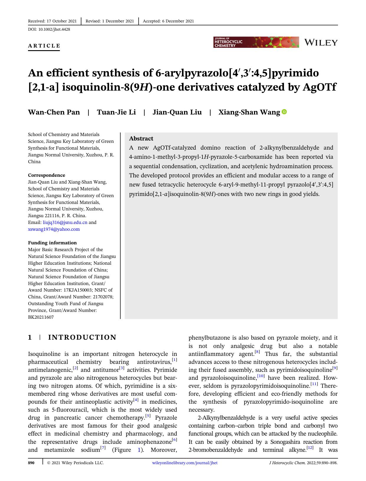 An Efficient Synthesis of 6-Arylpyrazolo[4',3':4,5]pyrimido[2,1- a ] isoquinolin-8(9 H )-one Derivatives Catalyzed by AgOTf by Unknown