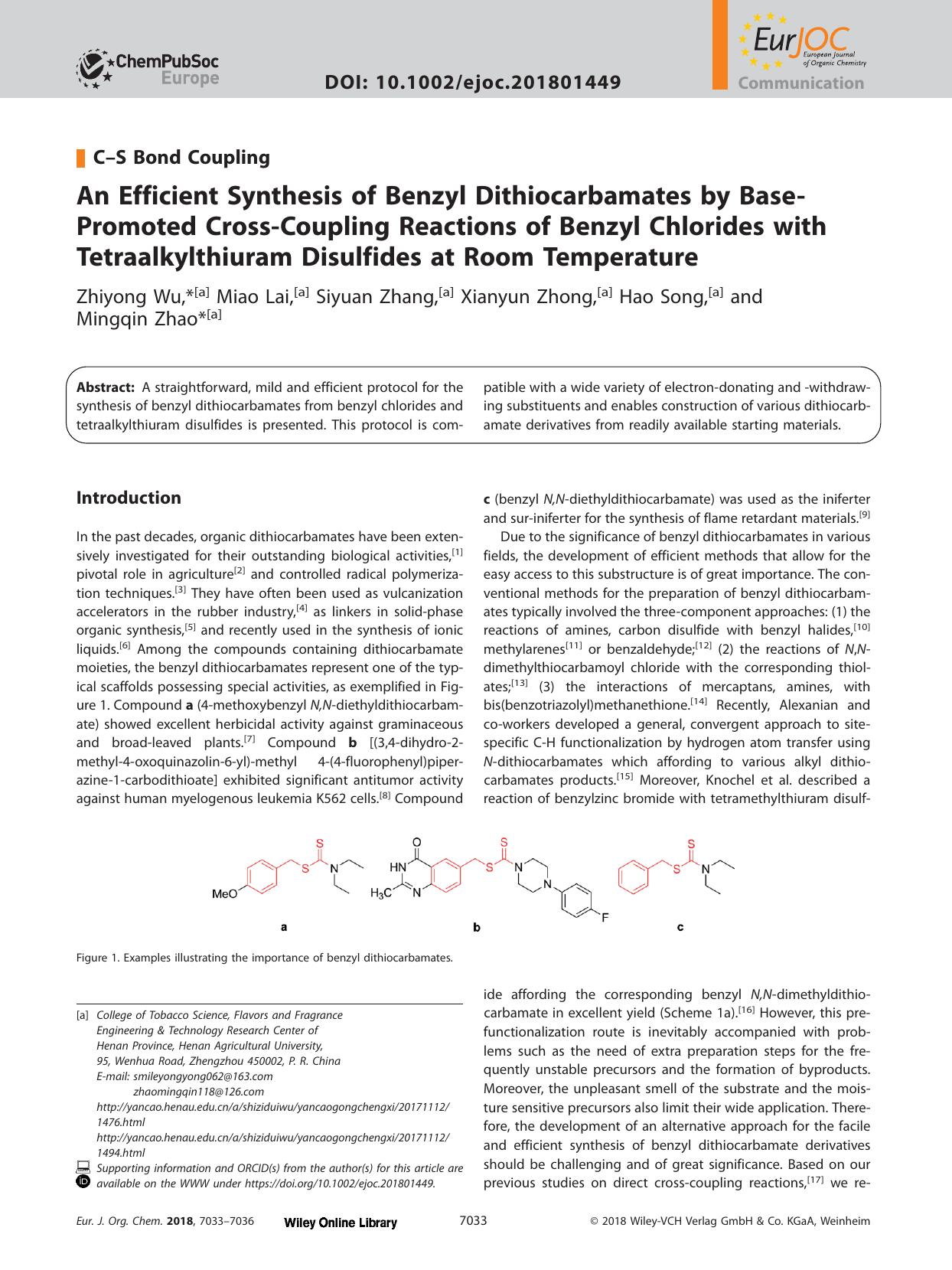 An Efficient Synthesis of Benzyl Dithiocarbamates by Base&#x02010;Promoted Cross&#x02010;Coupling Reactions of Benzyl Chlorides with Tetraalkylthiuram Disulfides at Room Temperature by Unknown