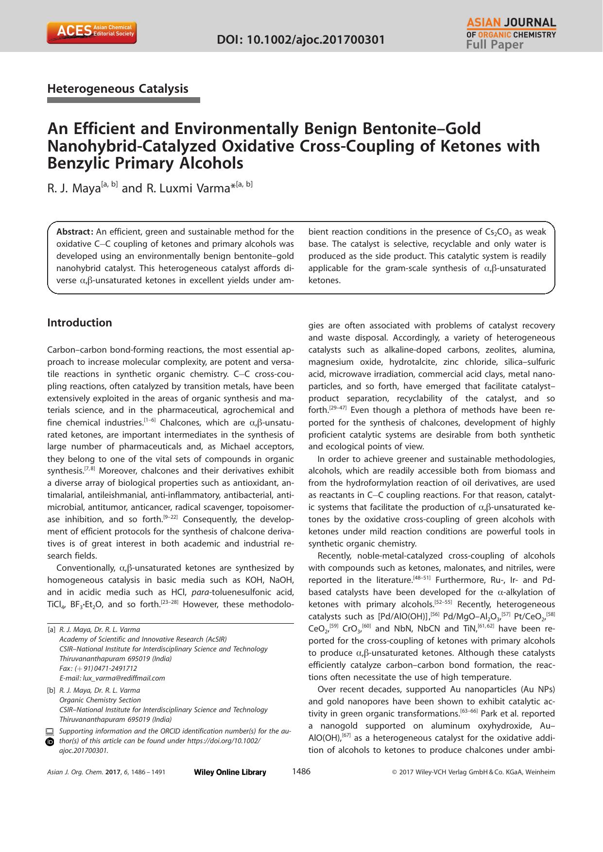 An Efficient and Environmentally Benign BentoniteâGold NanohybridâCatalyzed Oxidative CrossâCoupling of Ketones with Benzylic Primary Alcohols by Unknown