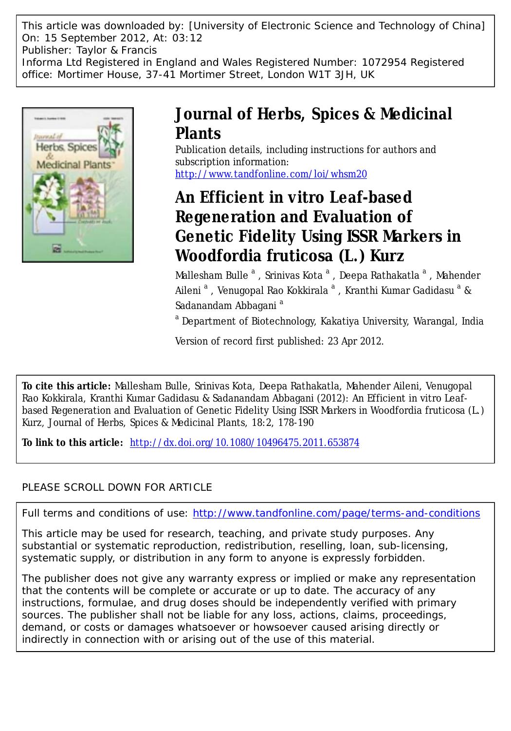 An Efficient in vitro Leaf-based Regeneration and Evaluation of Genetic Fidelity Using ISSR Markers in Woodfordia fruticosa (L.) Kurz by unknow