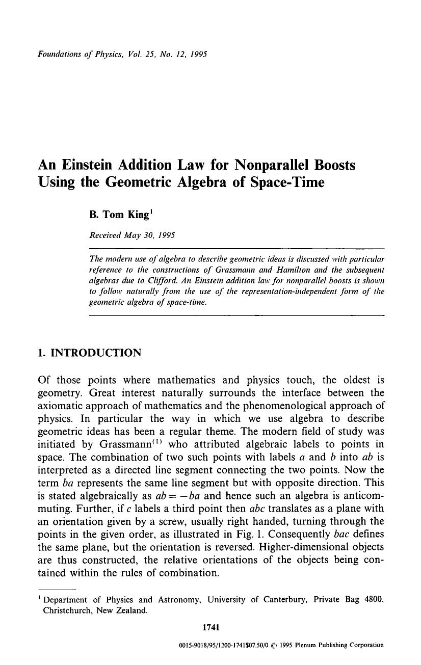 An Einstein addition law for nonparallel boosts using the geometric algebra of space-time by Unknown