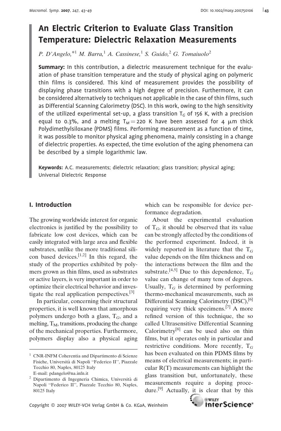 An Electric Criterion to Evaluate Glass Transition Temperature: Dielectric Relaxation Measurements by Unknown