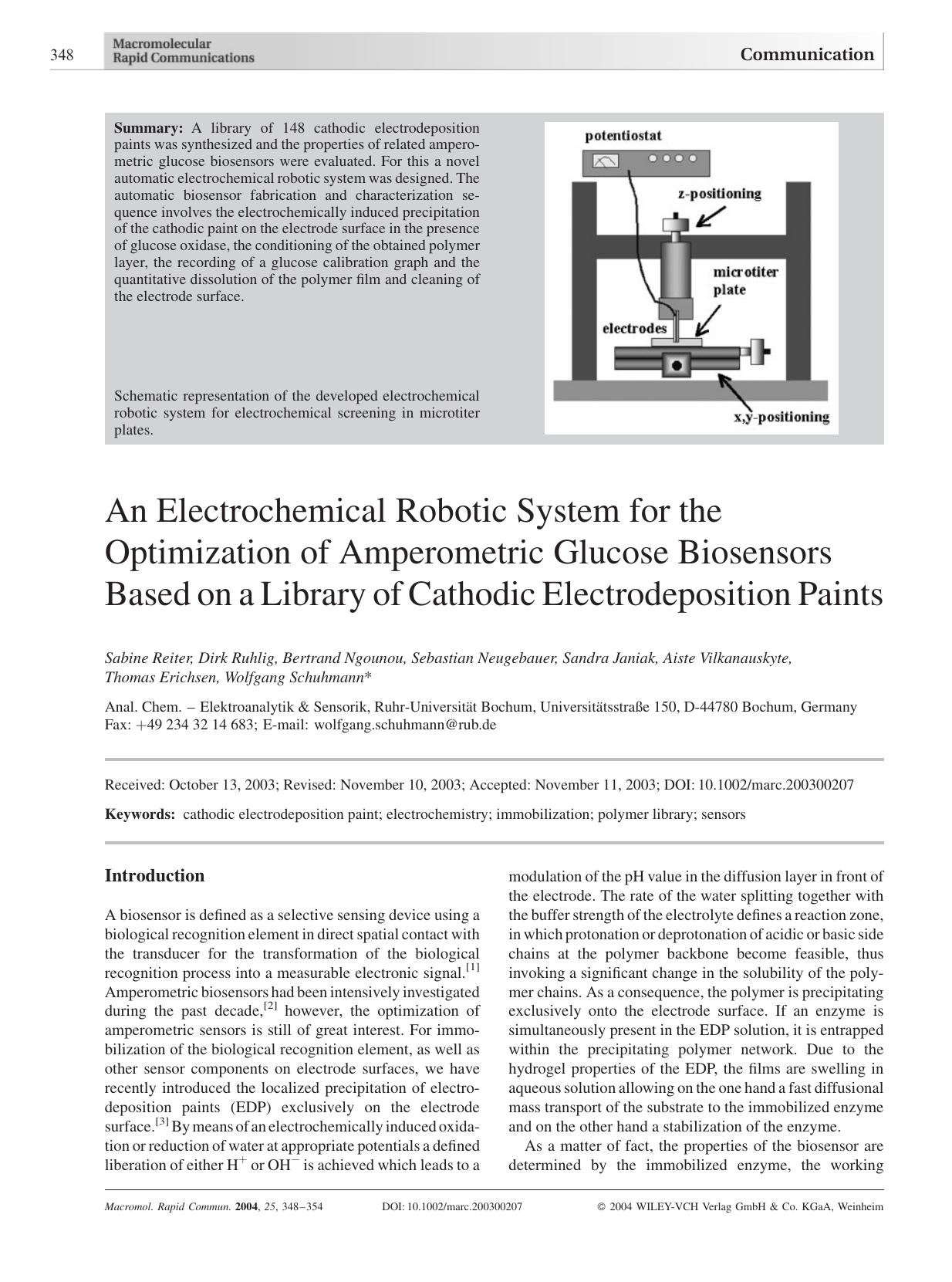 An Electrochemical Robotic System for the Optimization of Amperometric Glucose Biosensors Based on a Library of Cathodic Electrodeposition Paints by Unknown