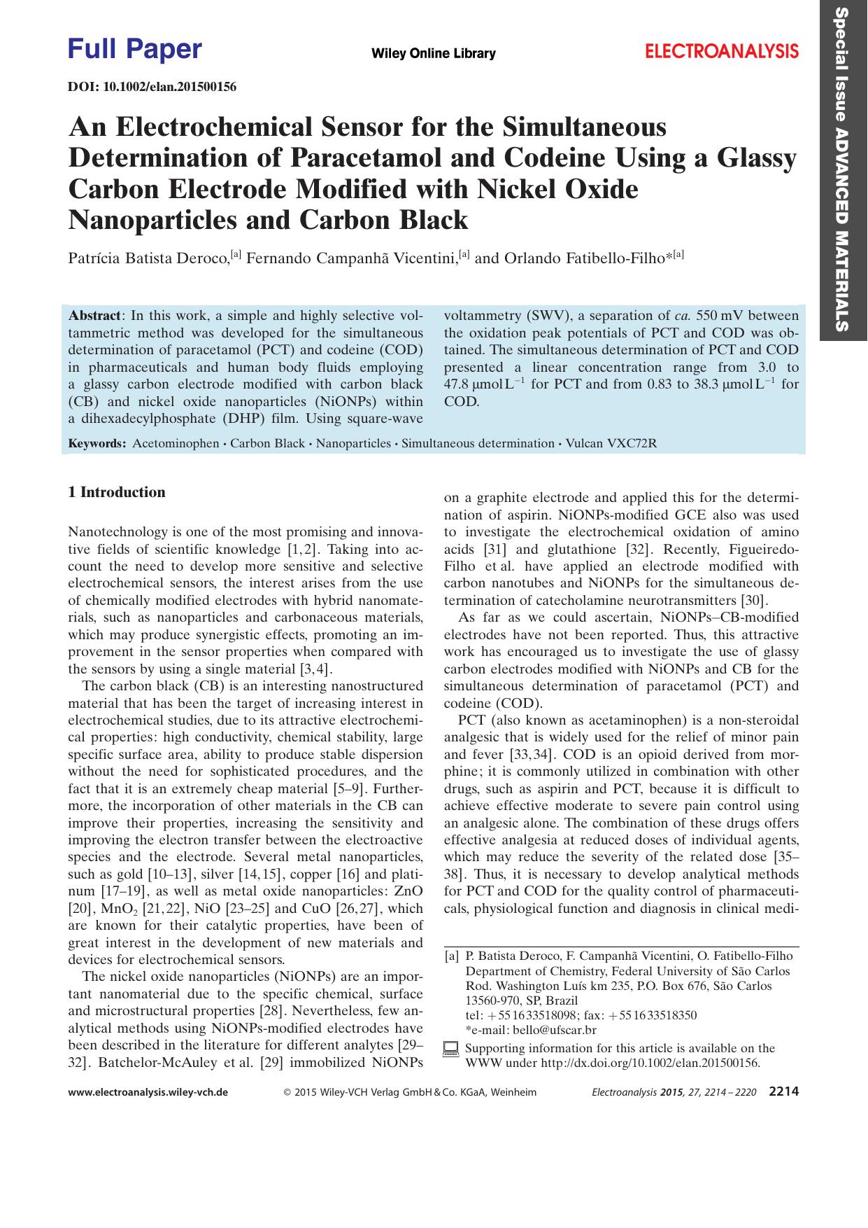 An Electrochemical Sensor for the Simultaneous Determination of Paracetamol and Codeine Using a Glassy Carbon Electrode Modified with Nickel Oxide Nanoparticles and Carbon Black by Unknown