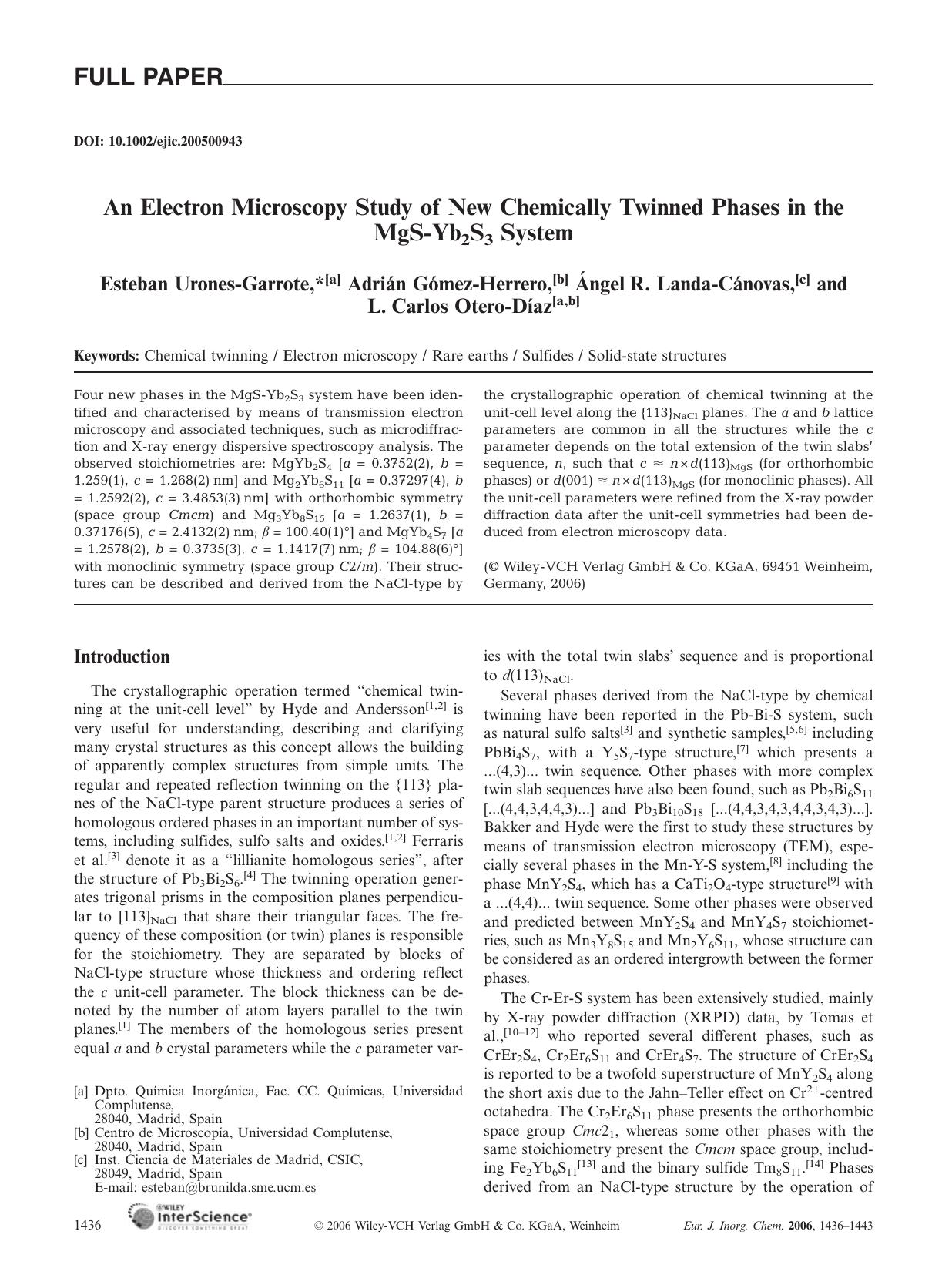 An Electron Microscopy Study of New Chemically Twinned Phases in the MgS-Yb2S3 System by Unknown