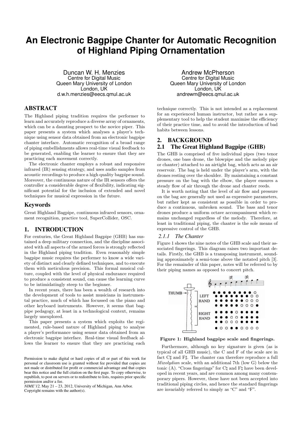 An Electronic Bagpipe Chanter for Automatic Recognition of Highland Piping Ornamentation by Menzies Duncan W.H. McPherson Andrew