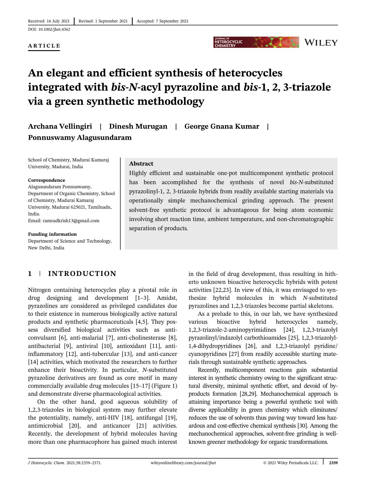 An Elegant and Efficient Synthesis of Heterocycles Integrated with Bis-N-Acyl Pyrazoline and Bis-1, 2, 3-Triazole via A Green Synthetic Methodology by Unknown