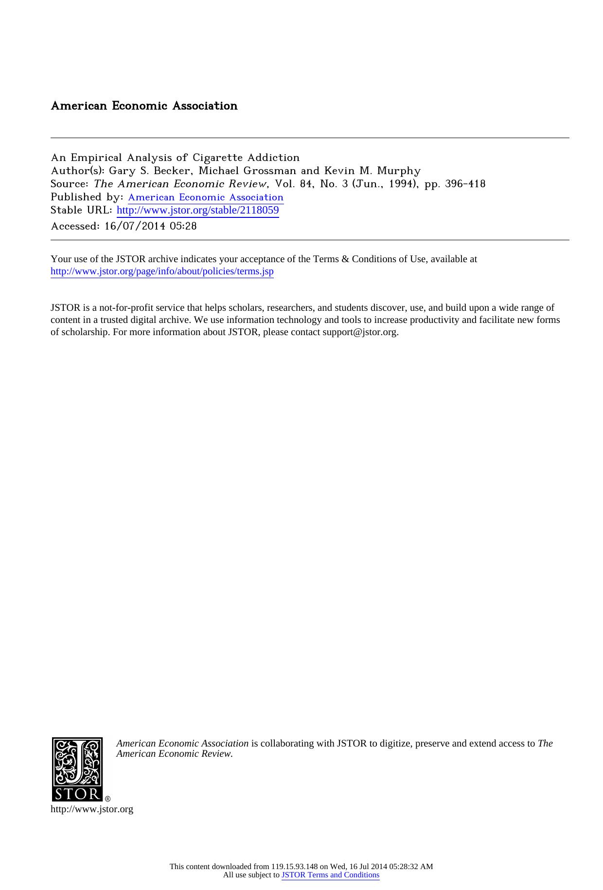 An Empirical Analysis of Cigarette Addiction by An Empirical Analysis of Cigarette Addiction