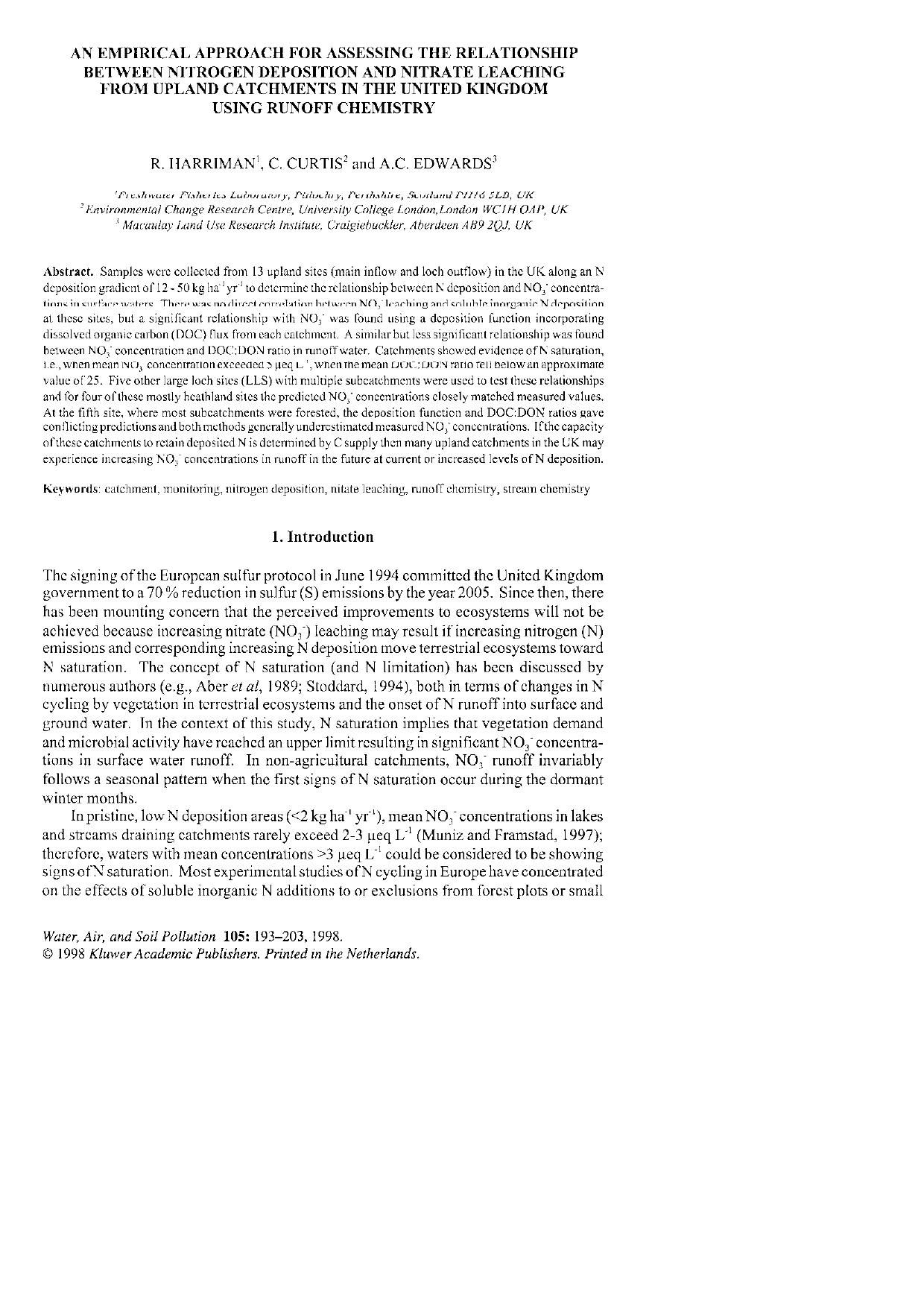 An Empirical Approach for Assessing the Relationship Between Nitrogen Deposition and Nitrate Leaching from Upland Catchments in the United Kingdom Using Runoff Chemistry by Unknown