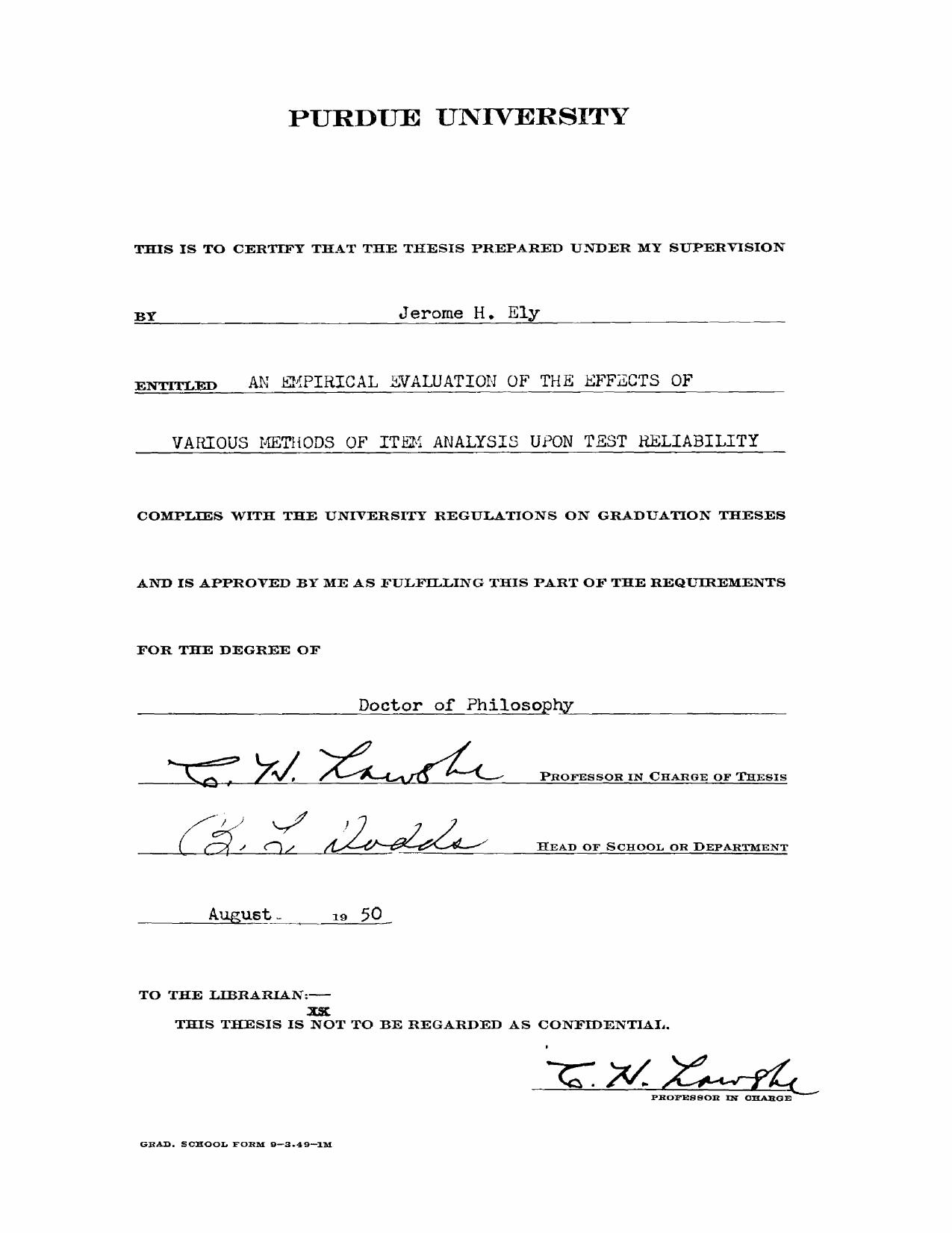 An Empirical Evaluation of the Effects of Various Methods of Item Analysis Upon Test Reliability by Ely Jerome H
