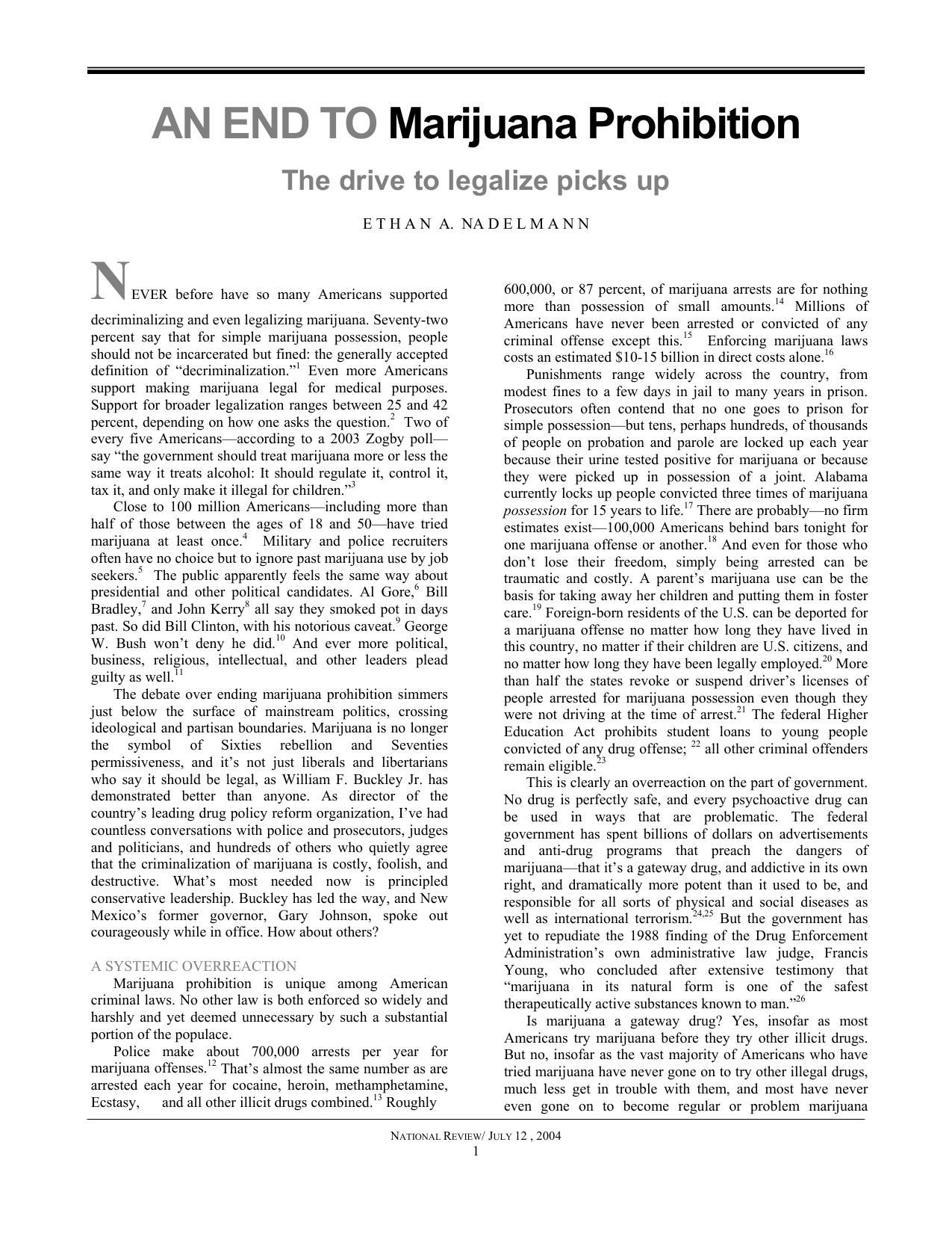 An End to Marijuana Prohibition with Footnotes, National Review Article by Ethan Nadelmann by Ethan Nadelmann