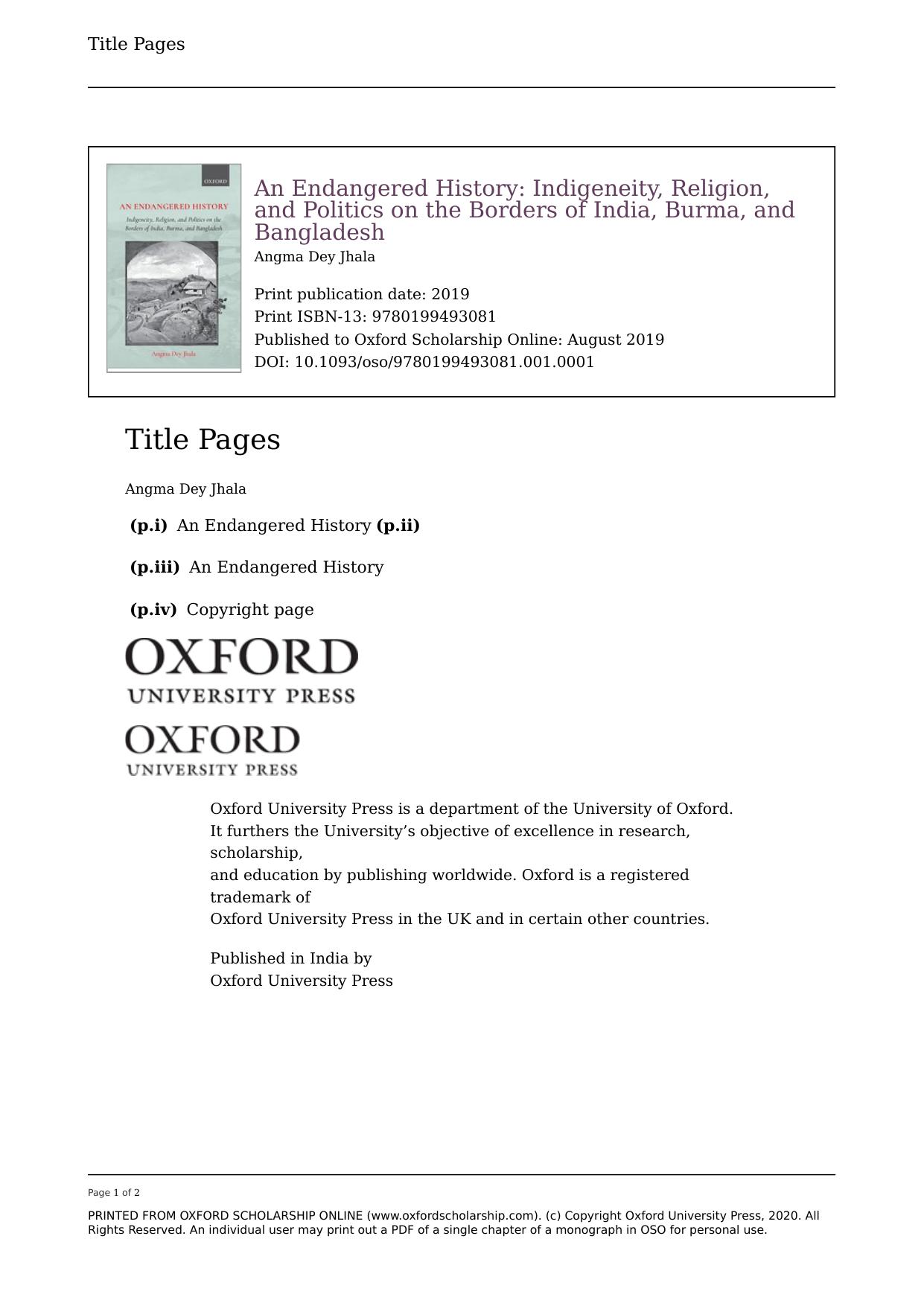 An Endangered History: Indigeneity, Religion, and Politics on the Borders of India, Burma, and Bangladesh by Unknow