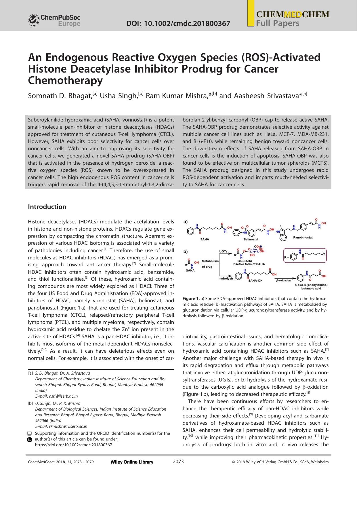 An Endogenous Reactive Oxygen Species (ROS)âActivated Histone Deacetylase Inhibitor Prodrug for Cancer Chemotherapy by Unknown