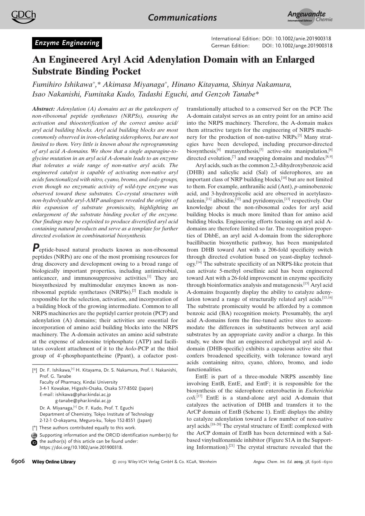 An Engineered Aryl Acid Adenylation Domain with an Enlarged Substrate Binding Pocket by Unknown