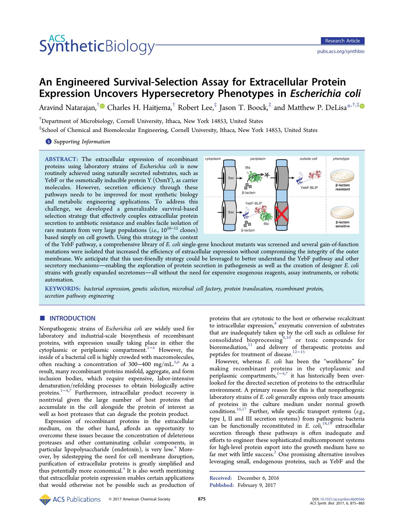 An Engineered Survival-Selection Assay for Extracellular Protein Expression Uncovers Hypersecretory Phenotypes in Escherichia coli by Aravind Natarajan Charles H. Haitjema Robert Lee Jason T. Boock and Matthew P. DeLisa