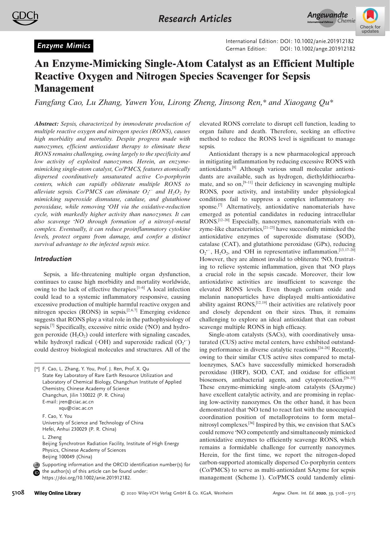 An EnzymeâMimicking SingleâAtom Catalyst as an Efficient Multiple Reactive Oxygen and Nitrogen Species Scavenger for Sepsis Management by Unknown