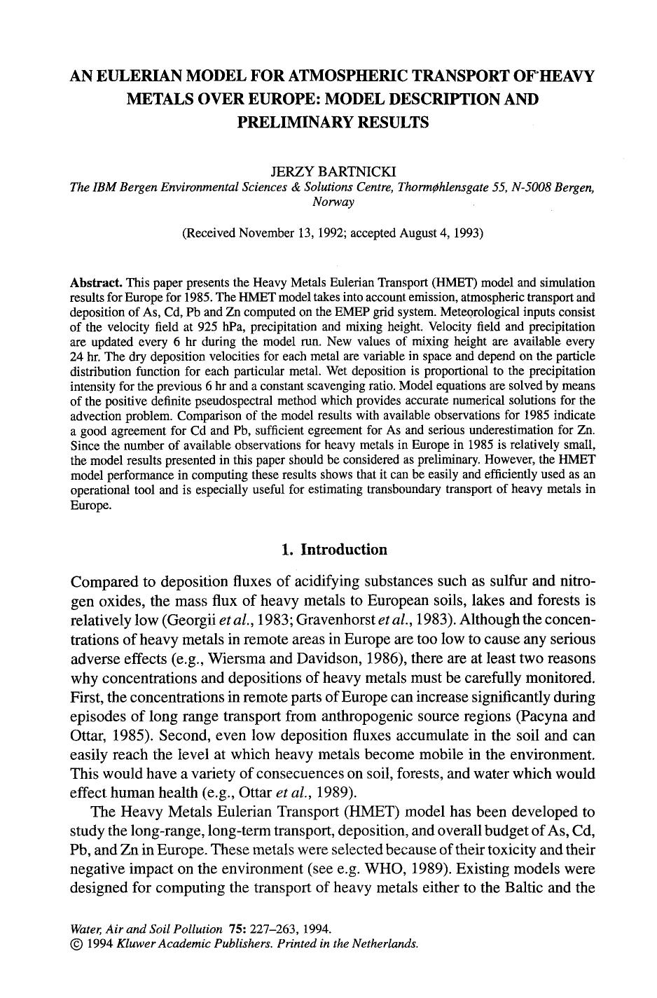 An Eulerian model for atmospheric transport of heavy metals over Europe: Model description and preliminary results by Unknown