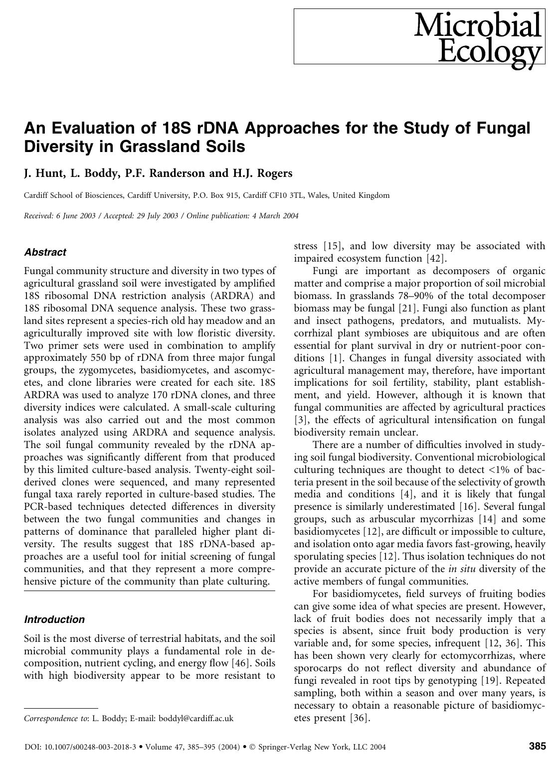 An Evaluation of 18S rDNA Approaches for the Study of Fungal Diversity in Grassland Soils by Hunt J. et al