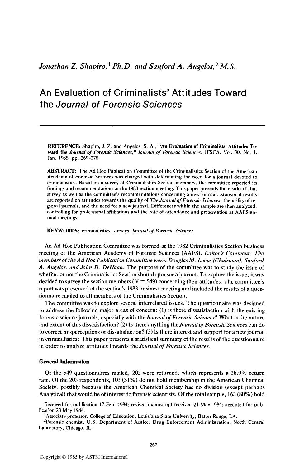 An Evaluation of Criminalists' Attitudes Toward the <I>Journal of Forensic Sciences<I> by Shapiro JZ Angelos SA