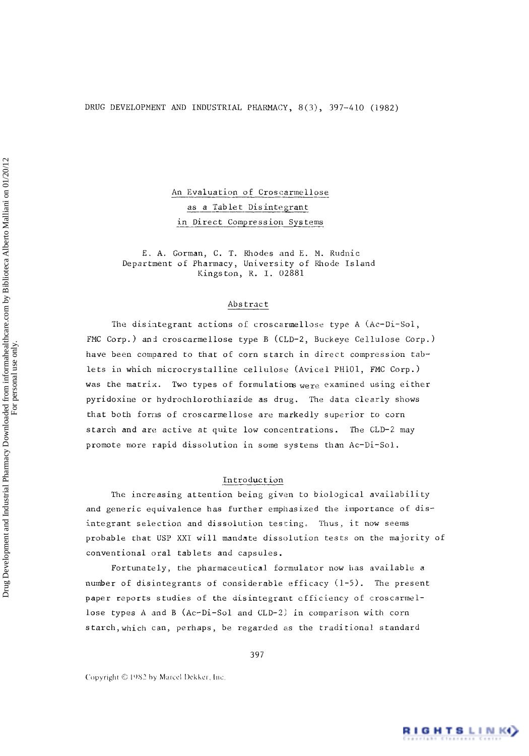 An Evaluation of Croscarmellose as a Tablet Disintegrant in Direct Compression Systems by E. A. Gorman C. T. Rhodes & E. M. Rudnic