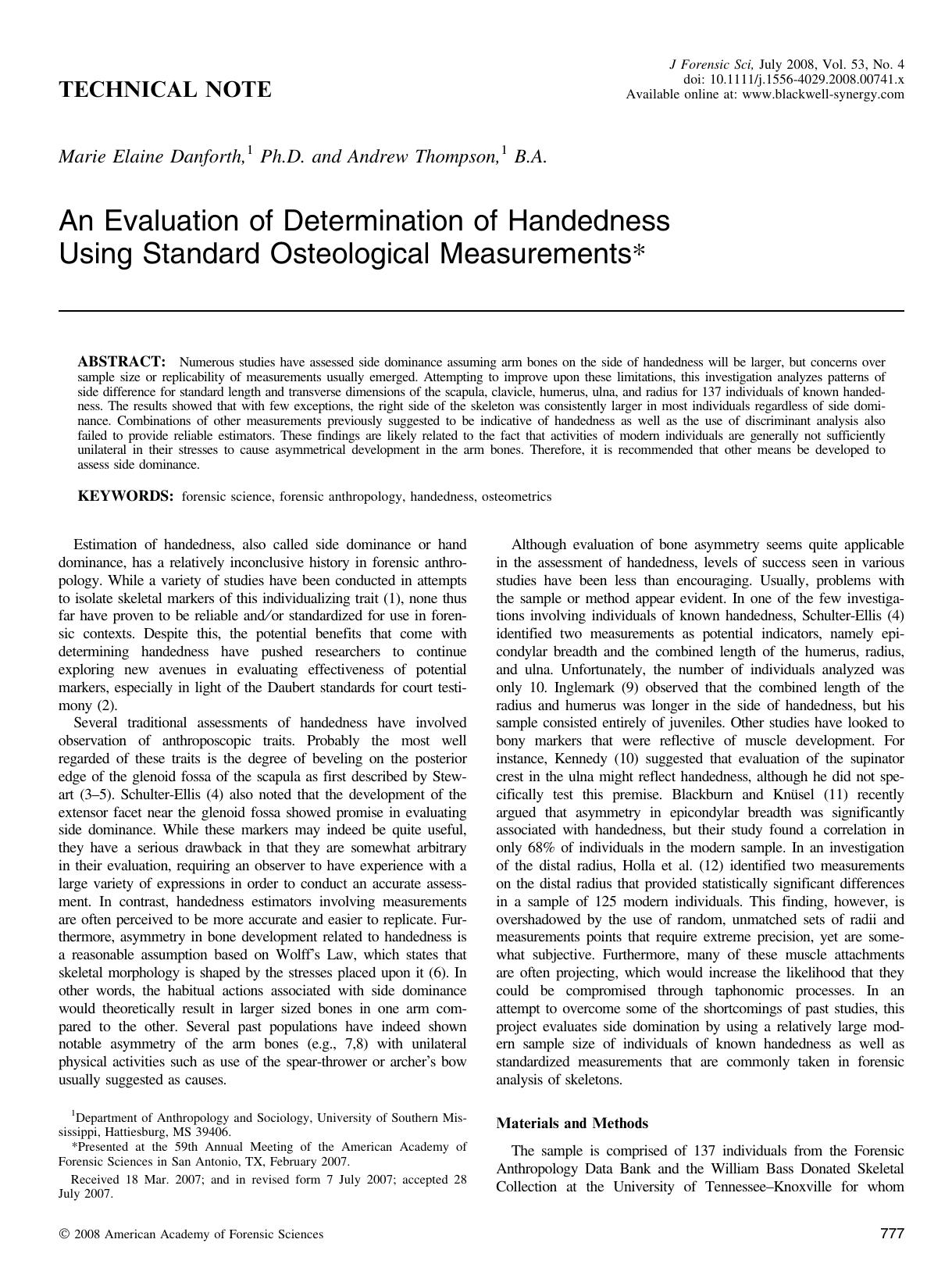 An Evaluation of Determination of Handedness Using Standard Osteological Measurements* by Unknown