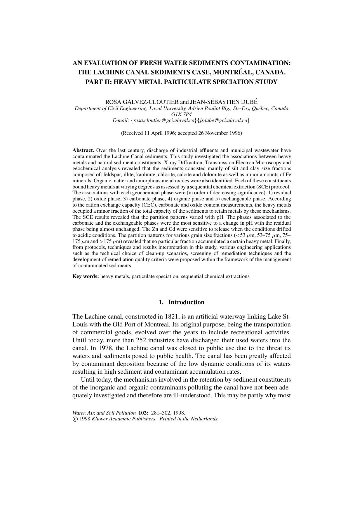 An Evaluation of Fresh Water Sediments Contamination: The Lachine Canal Sediments Case, Montr&#x00E9;al, Canade. Part II: Heavy Metal Particulate Speciation Study by Unknown
