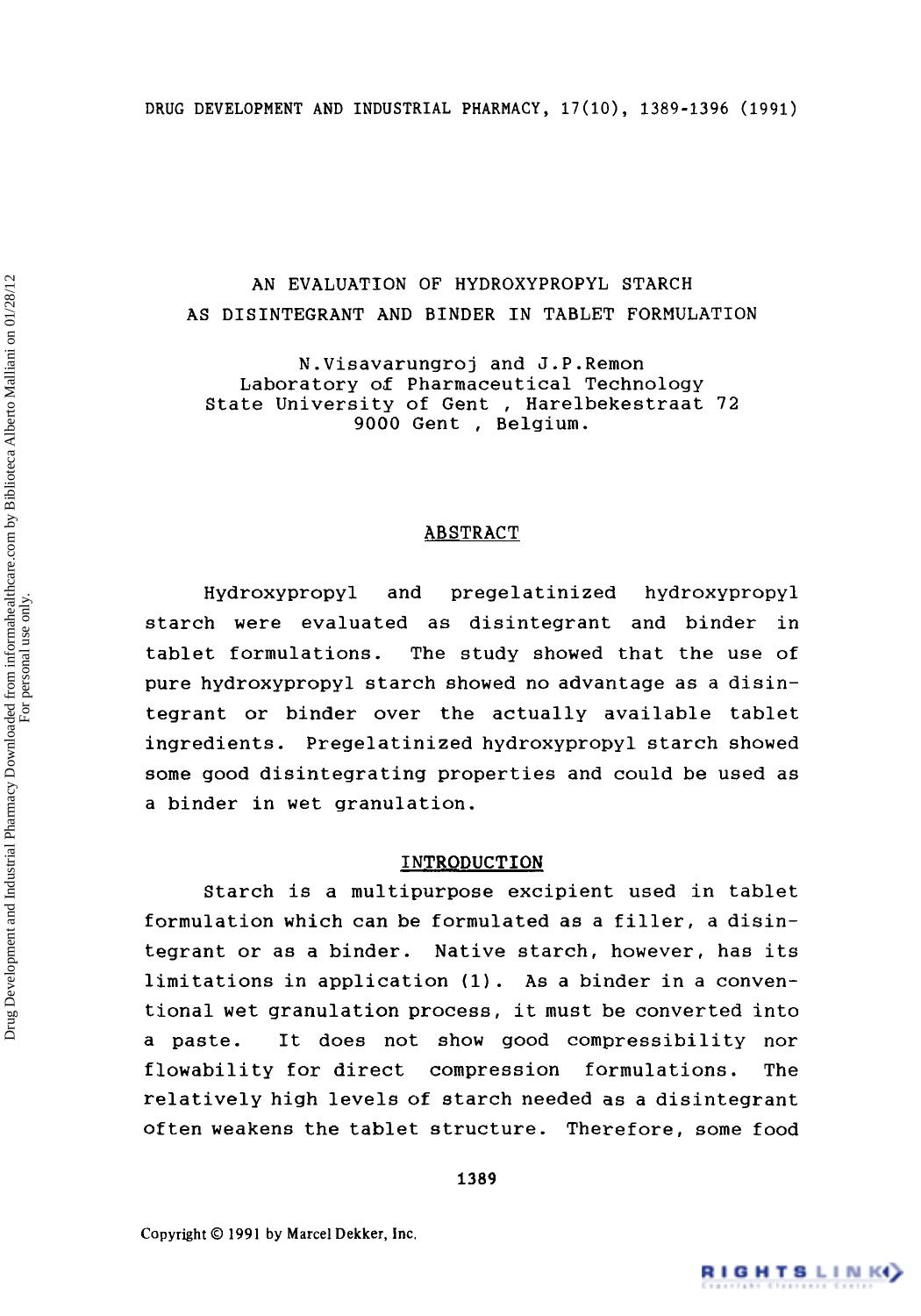 An Evaluation of Hydroxypropyl Starch as Disintegrant and Binder in Tablet Formulation by N. Visavarungroj & J. P. Remon