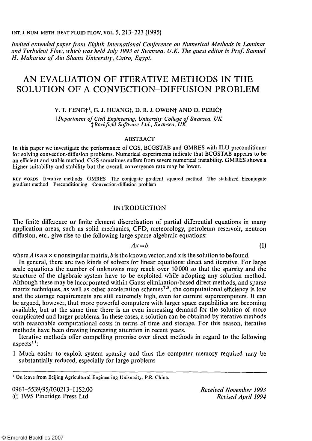 An Evaluation of Iterative Methods in the Solution of a Convection-Diffusion Problem by Y. T. Feng & G. J. Huang & D. R. J. Owen & D. Perić