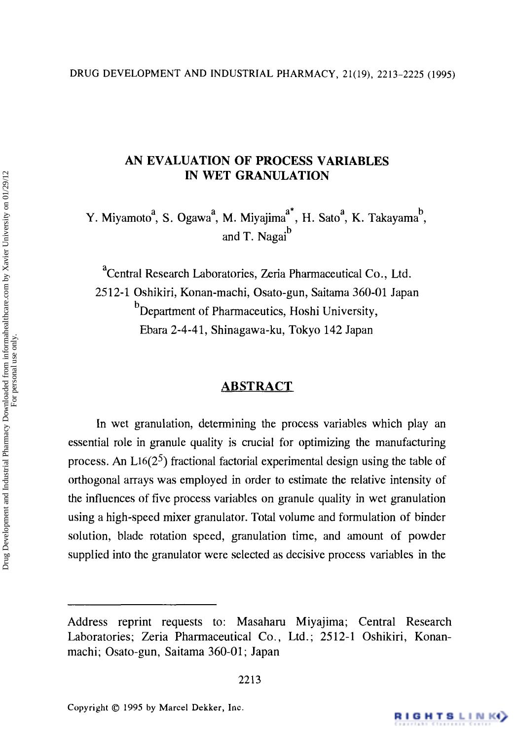 An Evaluation of Process Variables in wet Granulation by Y. Miyamoto S. Ogawa M. Miyajima H. Stoa K. Takayama & T. Nagai