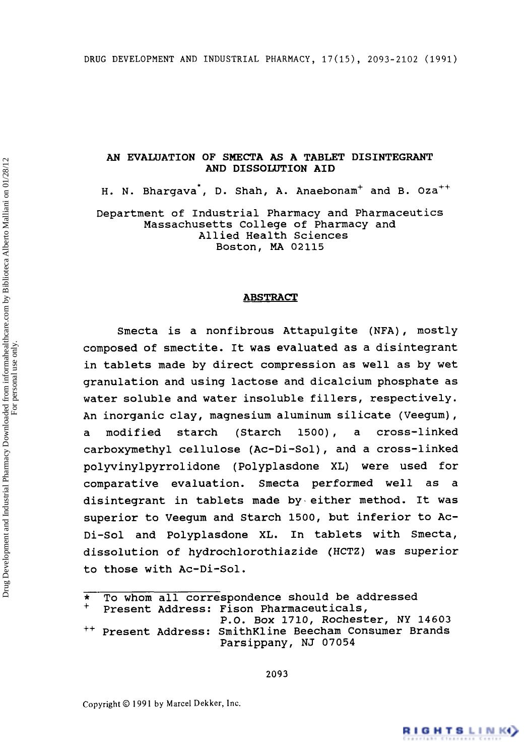 An Evaluation of Smecta as a Tablet Disintegrant and Dissolution Aid by H. N. Bhargava D. Shah A. Anaebonam & B. Oza
