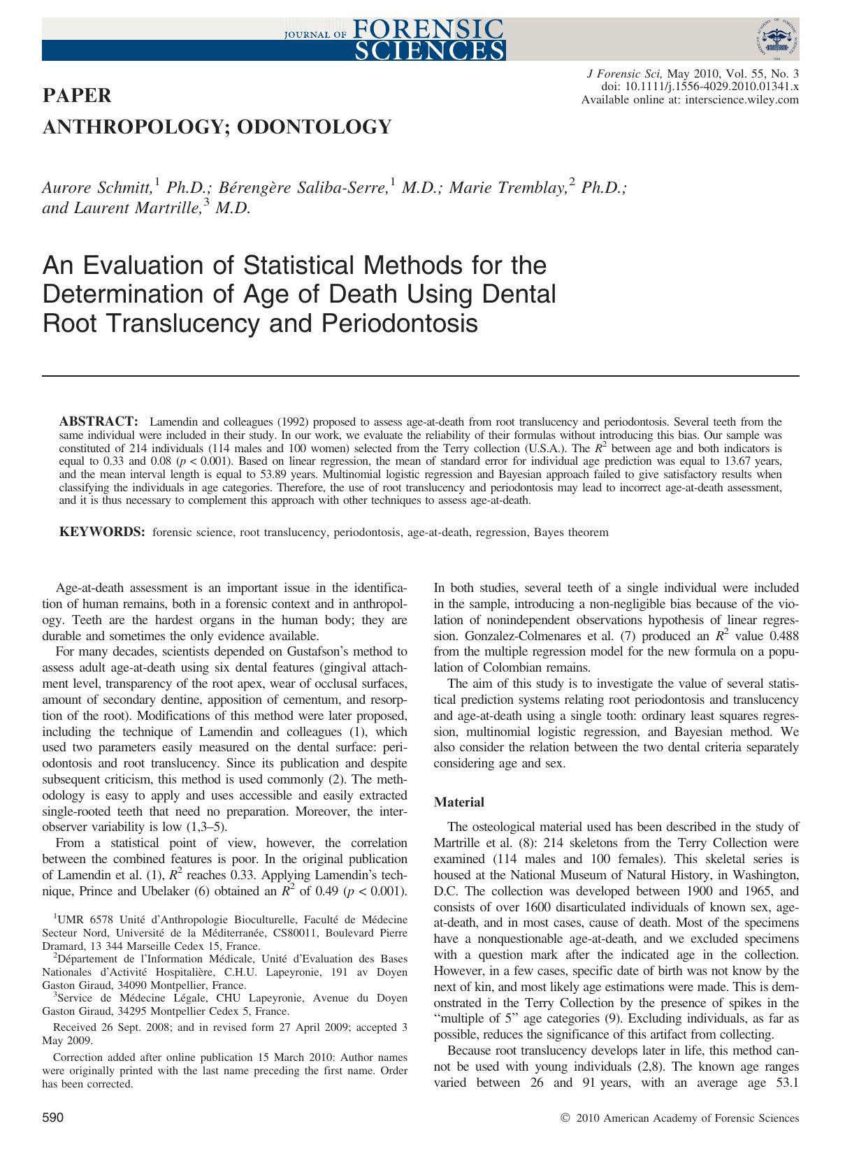An Evaluation of Statistical Methods for the Determination of Age of Death Using Dental Root Translucency and Periodontosis by Unknown