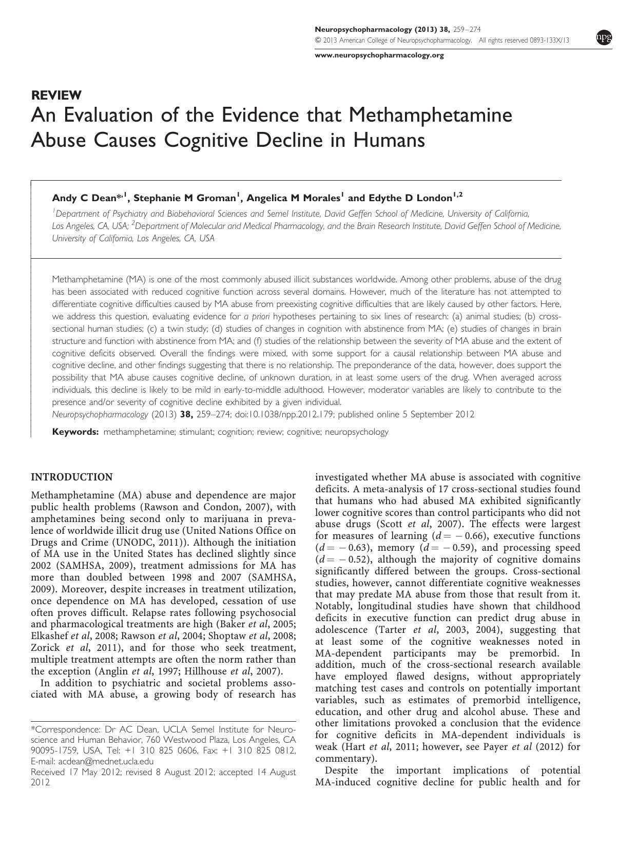 An Evaluation of the Evidence that Methamphetamine Abuse Causes Cognitive Decline in Humans by Andy C Dean & Stephanie M Groman & Angelica M Morales & Edythe D London