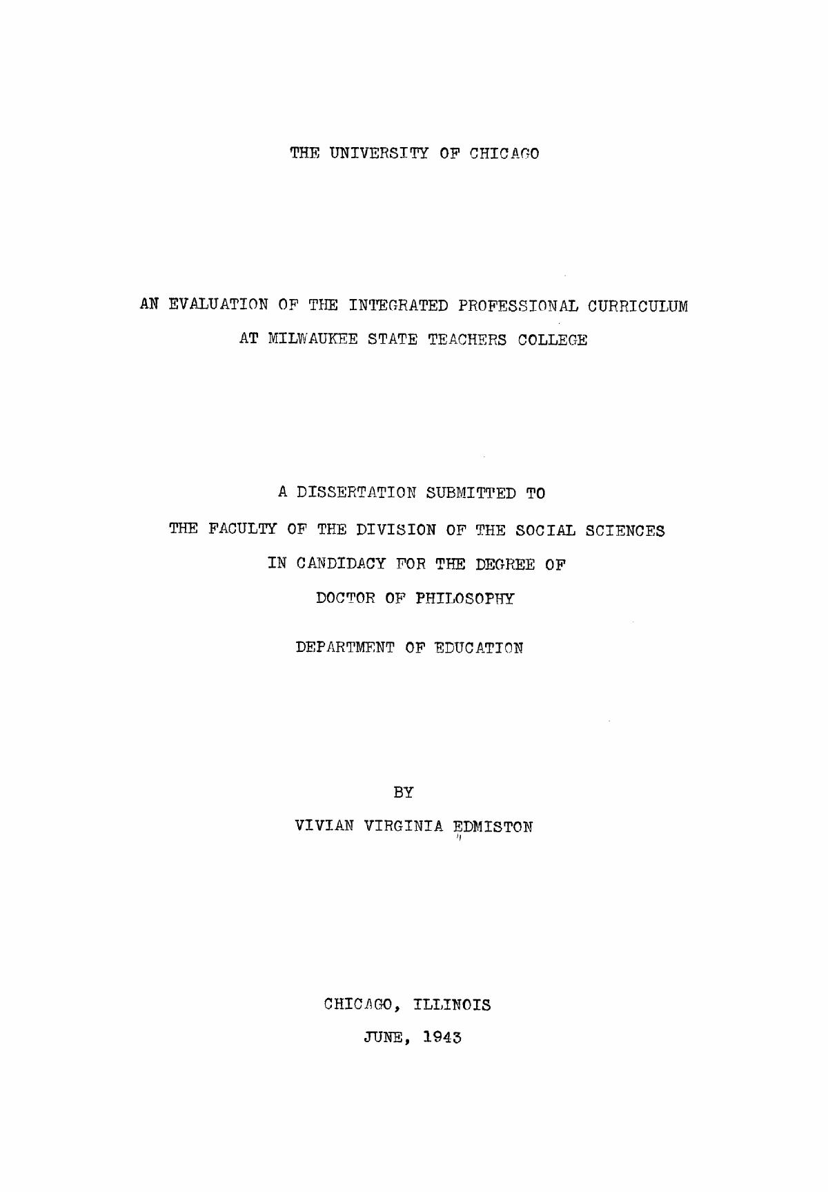 An Evaluation of the Integrated Professional Curriculum at Milwaukee State Teachers College by Edmiston Vivian Virginia