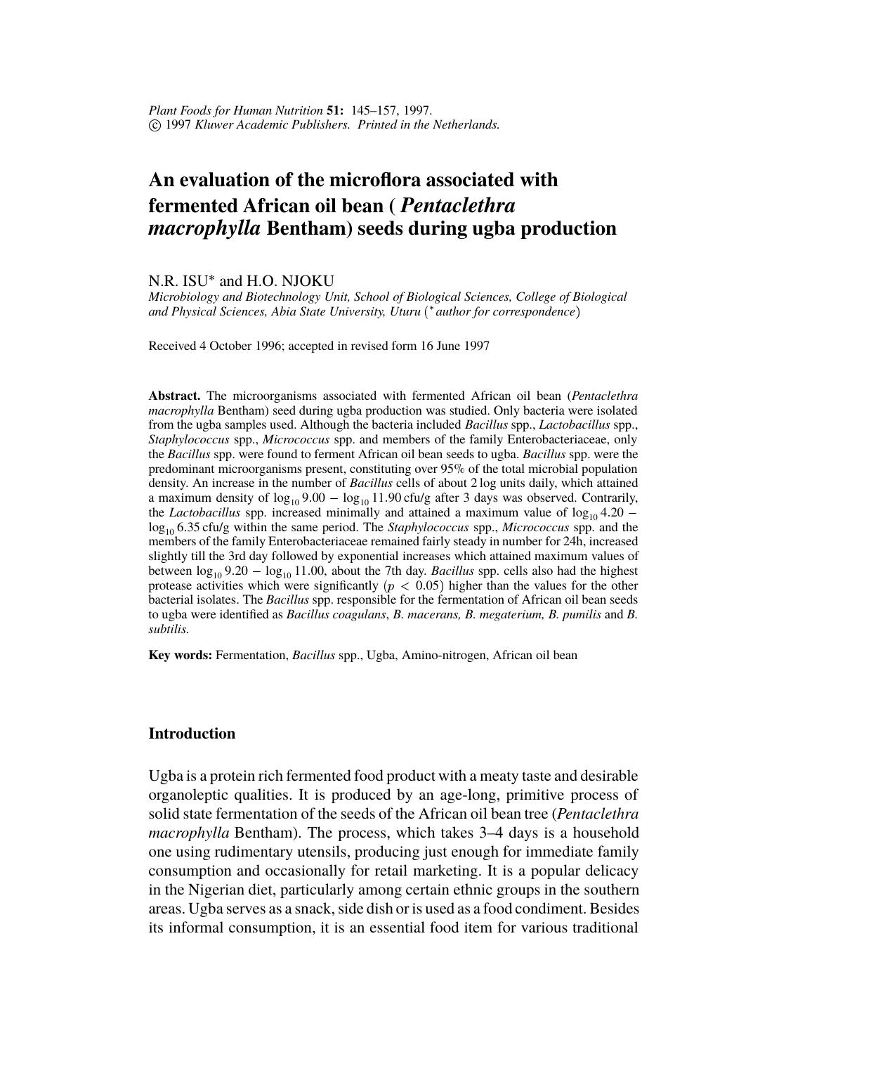 An Evaluation of the Microflora Associated with Fermented African Oil Bean (Pentaclethra Macrophylla Bentham) Seeds During Ugba Production by Unknown