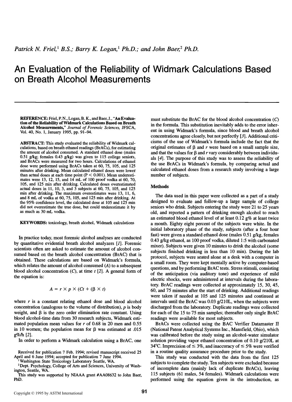 An Evaluation of the Reliability of Widmark Calculations Based on Breath Alcohol Measurements by Friel PN Logan BK Baer J