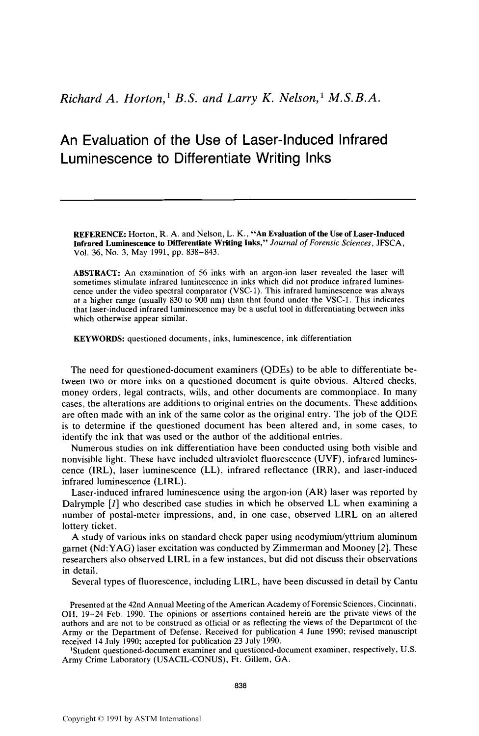 An Evaluation of the Use of Laser-Induced Infrared Luminescence to Differentiate Writing Inks by Horton RA Nelson LK