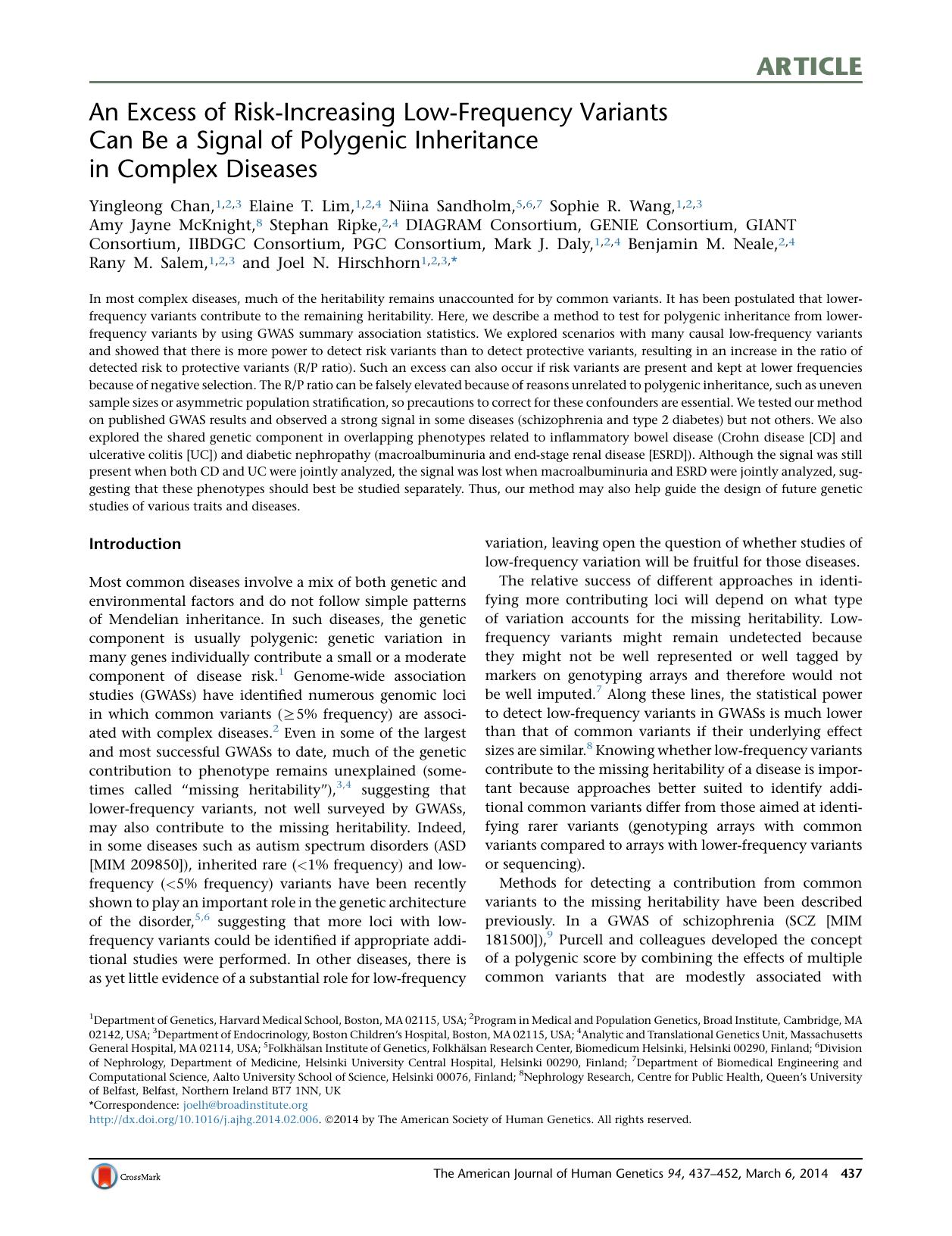 An Excess of Risk-Increasing Low-Frequency Variants Can Be a Signal of Polygenic Inheritance in Complex Diseases by unknow