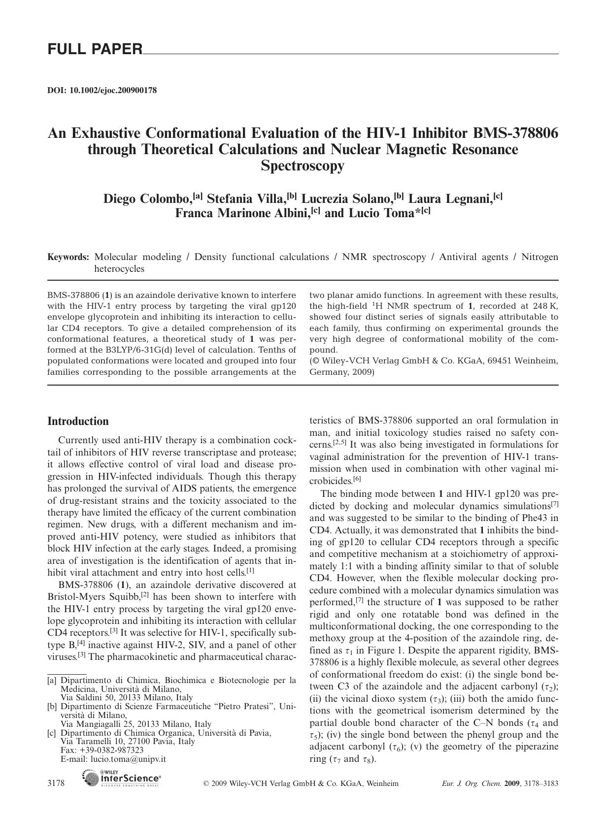 An Exhaustive Conformational Evaluation of the HIV-1 Inhibitor BMS-378806 through Theoretical Calculations and Nuclear Magnetic Resonance Spectroscopy by Unknown