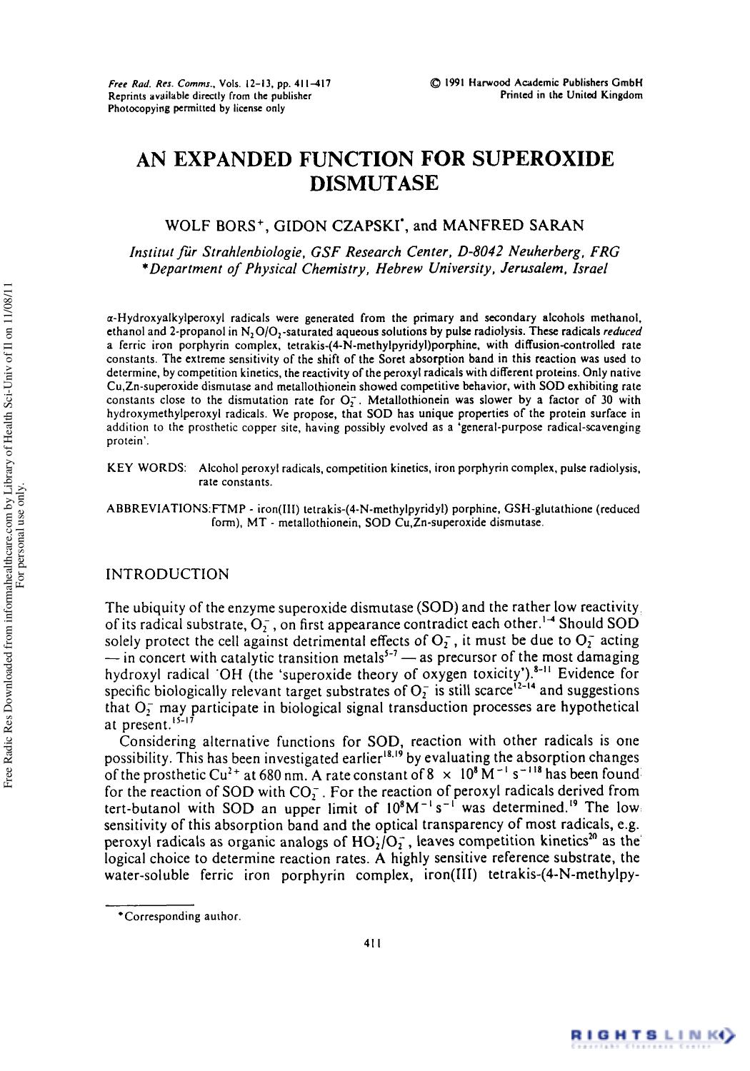 An Expanded Function for Superoxide Dismutase by Wolf Bors1 Gidon Czapski2 & Manfred Saran1