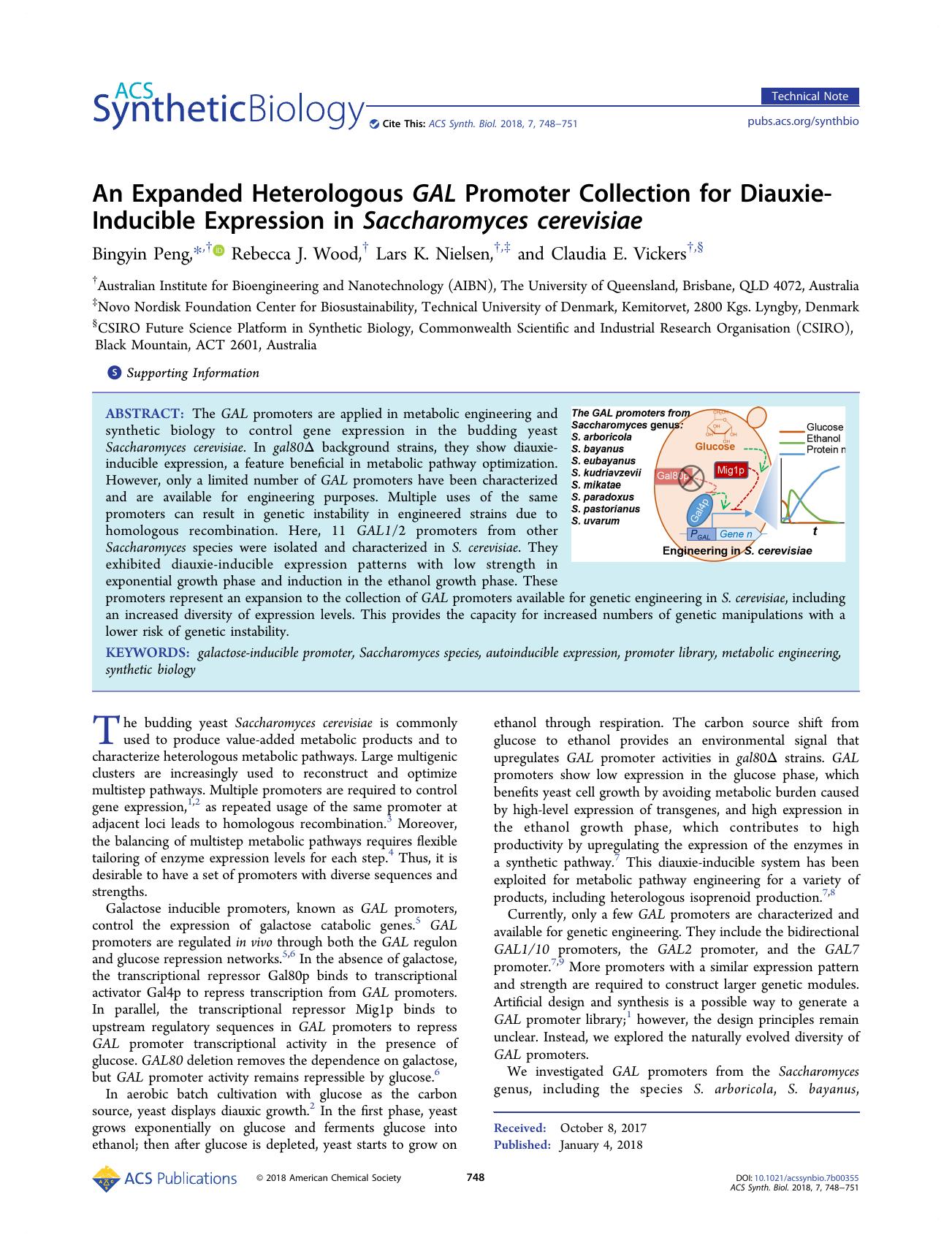 An Expanded Heterologous GAL Promoter Collection for Diauxie-Inducible Expression in Saccharomyces cerevisiae by Bingyin Peng Rebecca J. Wood Lars K. Nielsen and Claudia E. Vickers