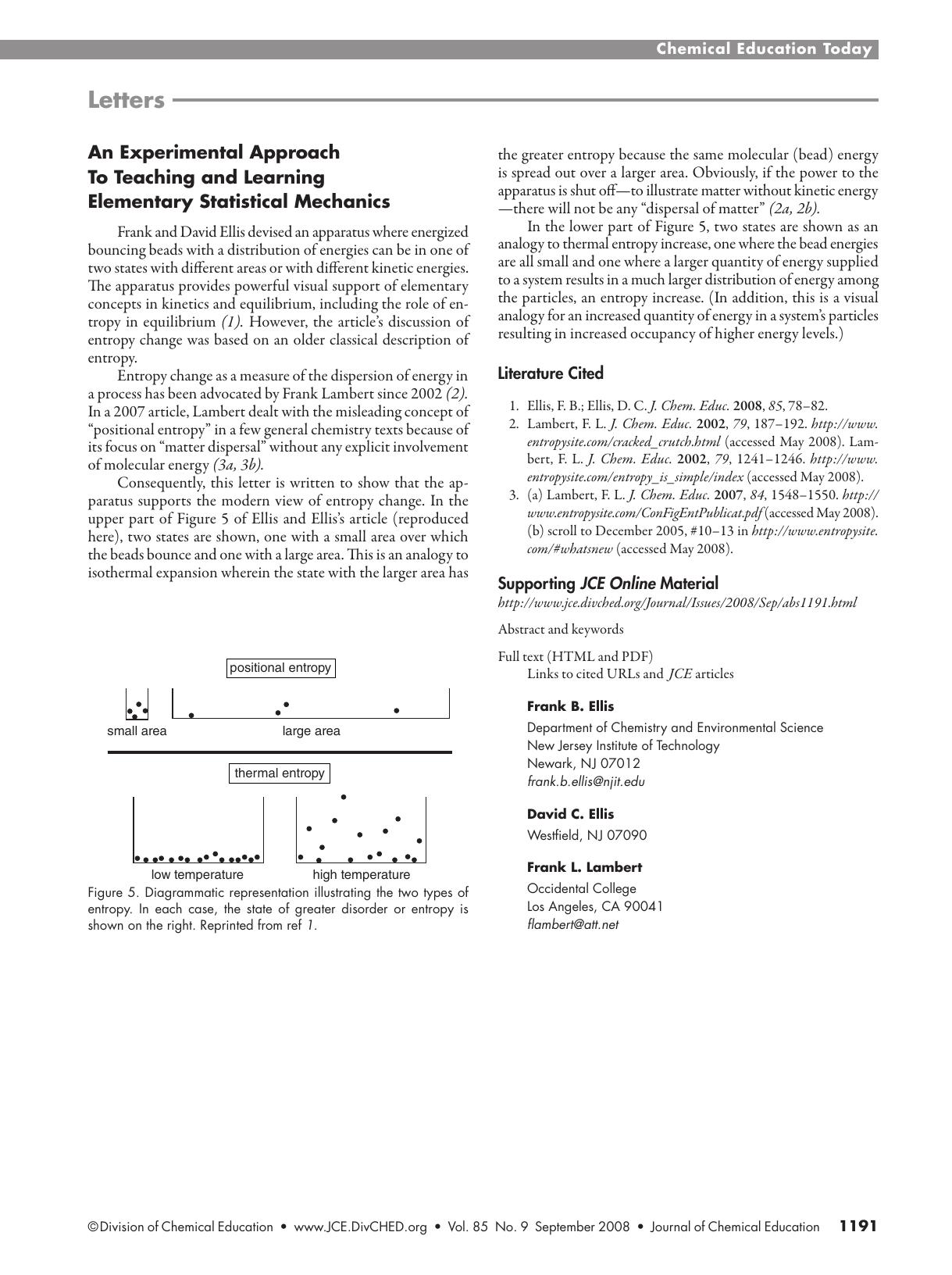 An Experimental Approach to Teaching and Learning Elementary Statistical Mechanics by Frank B. Ellis David C. Ellis and Frank L. Lambert