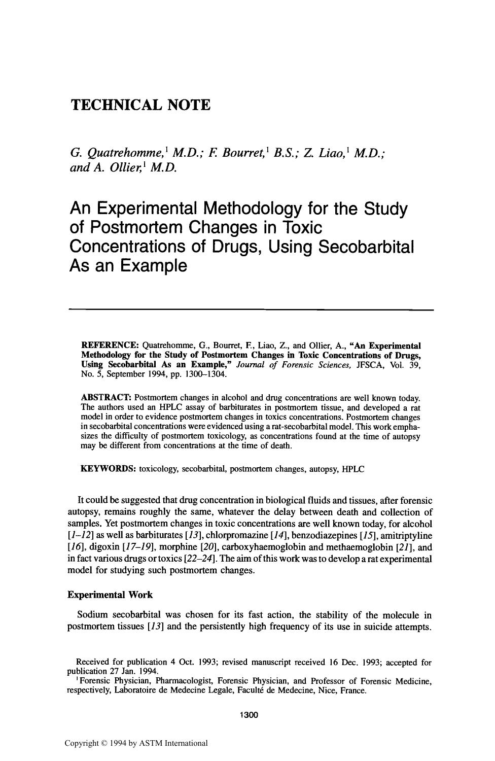 An Experimental Methodology for the Study of Postmortem Changes in Toxic Concentrations of Drugs, Using Secobarbital As an Example by Quatrehomme G Bourret F Liao Z Ollier A