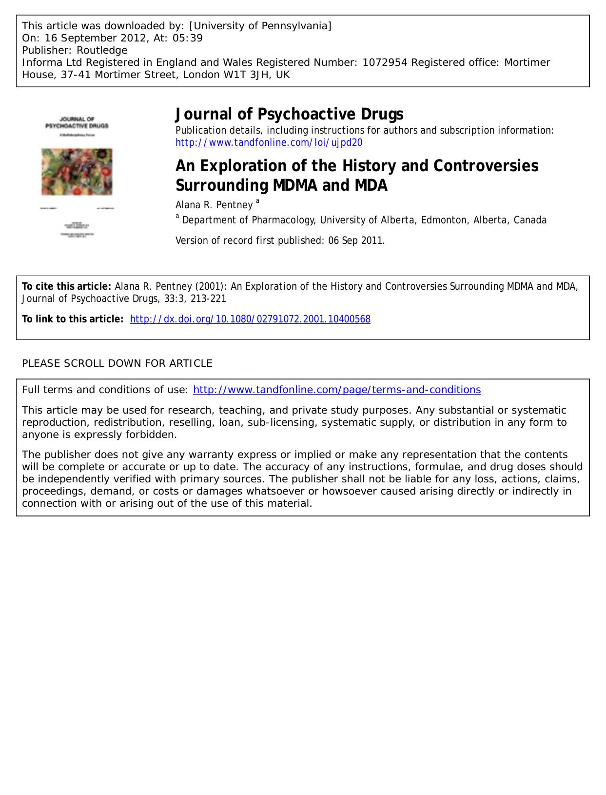 An Exploration of the History and Controversies Surrounding MDMA and MDA by Alana R. Pentney a