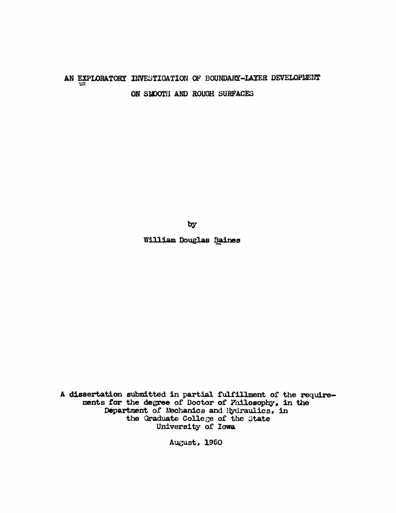 An Exploratory Investigation of Boundary-Layer Development on Smooth and Rough Surfaces by Baines William Douglas