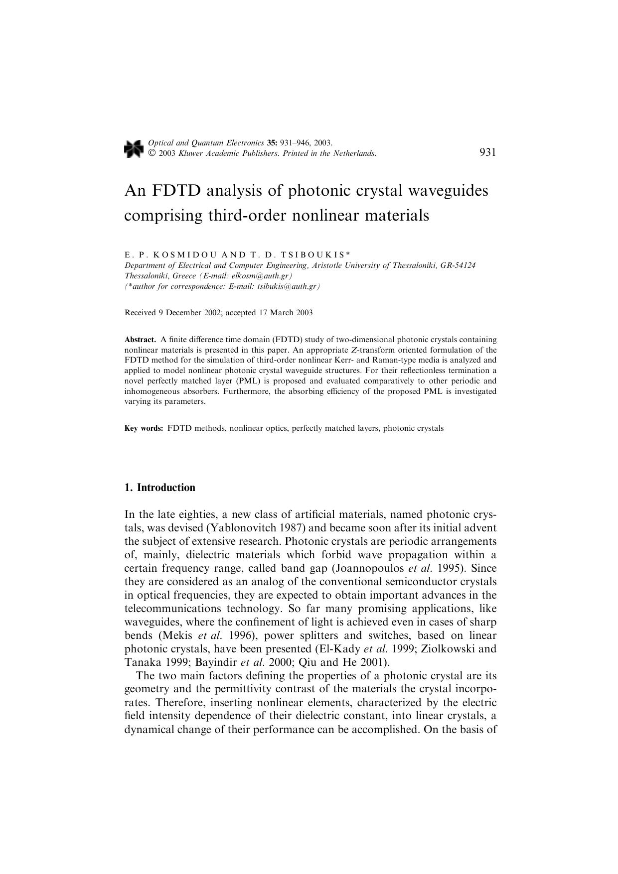 An FDTD analysis of photonic crystal waveguides comprising third-order nonlinear materials by Unknown